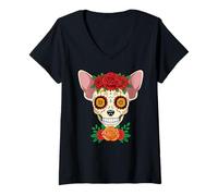Femme Day Of The Souls Dead Day Sugarskull Halloween Chien T-Shirt avec Col en V