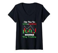 Femme Day Trading Bourse Bougeoir Graphique Sarcastique Pun T-Shirt avec Col en V