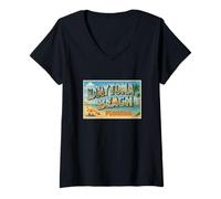 Femme Daytona Beach City Floride Vintage Souvenir Post Art Graphique T-Shirt avec Col en V