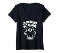 Femme Dead Inside But Festive Ghost Halloween Introverti T-Shirt avec Col en V