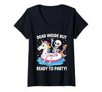 Femme Dead Inside But Ready to Party Skeleton T-Shirt avec Col en V