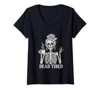 Femme Dead Tired Squelette Coffee Humour Halloween T-Shirt avec Col en V