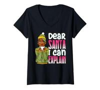 Femme Dear Santa I Can Explain Xmas Fun Mélanine Femme Noir Filles T-Shirt avec Col en V