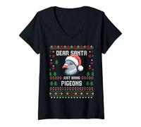 Femme Dear Santa Pigeon Christmas Lover Pull de Noël Moche T-Shirt avec Col en V