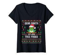 Femme Dear Santa Pull de Noël Moche Grenouille aux Yeux Rouges T-Shirt avec Col en V