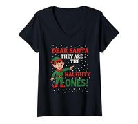 Femme Dear Santa They are The Naughty Ones Fun Elf Christmas Humor T-Shirt avec Col en V