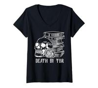 Femme Death by TBR Funny Death by Books Skull Dark Book Lover T-Shirt avec Col en V