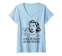 Femme Deck The Halls and Spike The Olives Retro Christmas Graphic T-Shirt avec Col en V