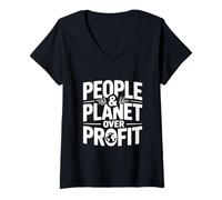 Femme Déclaration écologique People and Planet Over Profit T-Shirt avec Col en V