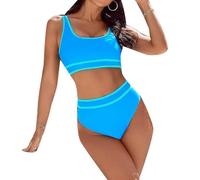Femme Décolleté en U Bikini Deux Pièces Ensemble de Texturé Taille Haute Maillots de Bain de Plage Sportifs Coupe ajustée de Couleur vive de Chic SkyBleu L