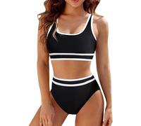 Femme Décolleté en U Bikini Deux Pièces Ensemble de Texturé Taille Haute Maillots de Bain de Plage Sportifs Coupe ajustée de Couleur vive de Chic Noir XL