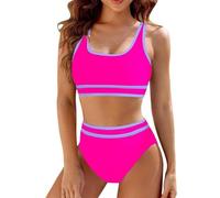 Femme Décolleté en U Bikini Deux Pièces Ensemble de Texturé Taille Haute Maillots de Bain de Plage Sportifs Coupe ajustée de Couleur vive de Chic Rose XL