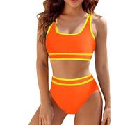 Femme Décolleté en U Bikini Deux Pièces Ensemble de Texturé Taille Haute Maillots de Bain de Plage Sportifs Coupe ajustée de Couleur vive de Chic Orange XL