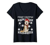 Femme Décoration de Noël Akita Père Noël T-Shirt avec Col en V