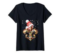 Femme Décoration de Noël Fleur de Lis avec Chapeau de Père Noël Lumières de Noël T-Shirt avec Col en V