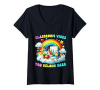 Femme Décoration de Salle de Classe Inclusive - Ambiance Arc-en-Ciel de la rentrée Scolaire T-Shirt avec Col en V