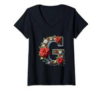 Femme Décoration Florale Lettre G de Noël T-Shirt avec Col en V