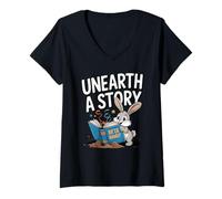 Femme Découvrez Une Histoire : Bunny Rabbit Reading T-Shirt avec Col en V