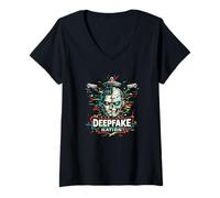 Femme Deepfake Nation, système de Surveillance par Intelligence Artificielle et Cyberpunk T-Shirt avec Col en V
