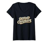 Femme Defend Capitalism Libéralisme Économique Lettre Script T-Shirt avec Col en V