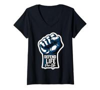 Femme Defend Life Pro-Life Poing surélevé pour bébé fœtus Pro Life T-Shirt avec Col en V