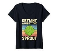 Femme Defiant Against Brussel Sprout Dessin animé rétro drôle T-Shirt avec Col en V