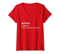 Femme Définition de Tekno Rave Music Hard Techno Raver Dark Techno T-Shirt avec Col en V, Rouge, M