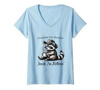 Femme Dehors, Je suis Hootin. À l'intérieur, Je suis Hollerin Raccoon Cowboy Coffee T-Shirt avec Col en V