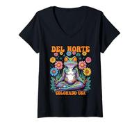 Femme Del Norte Colorado USA Psychédélique Grenouille Chill Zen T-Shirt avec Col en V