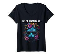 Femme Delta Junction Alaska Lunettes de Soleil Motif Chat et Fleurs T-Shirt avec Col en V