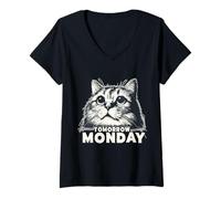 Femme Demain Lundi Chat Paresseux Mème Japonais T-Shirt avec Col en V