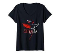 Femme Demi-Ange Demi Diable Halloween - Gothique Emo Dark Esthétique T-Shirt avec Col en V, Noir, M