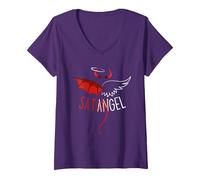 Femme Demi-Ange Demi Diable Halloween - Gothique Emo Dark Esthétique T-Shirt avec Col en V, Violet, M