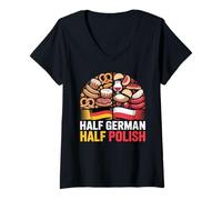 Femme Demi Drapeau Allemand polonais Allemand Pologne Patrimoine Alimentaire Mixte T-Shirt avec Col en V