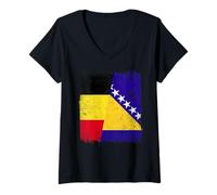 Femme Demi Drapeau Belge Bosnie-Herzégovine T-Shirt avec Col en V