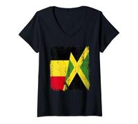 Femme Demi Drapeau Belge jamaïcain Patrimoine jamaïcain Belge T-Shirt avec Col en V