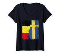 Femme Demi drapeau belge suédois racines suédoises belges T-Shirt avec Col en V