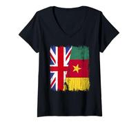 Femme Demi drapeau britannique Cameroun ascendance camerounaise britannique T-Shirt avec Col en V