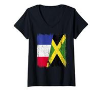 Femme Demi-Drapeau de la France Jamaïque Patrimoine jamaïcain français T-Shirt avec Col en V