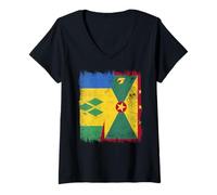 Femme Demi Drapeau de la Grenade Saint-Vincent T-Shirt avec Col en V