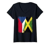 Femme Demi-Drapeau de la République tchèque Jamaïque Patrimoine jamaïcain T-Shirt avec Col en V
