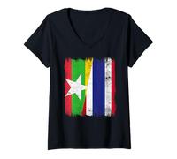 Femme Demi Drapeau de la Thaïlande du Myanmar avec Racines thaïlandaises birmanes T-Shirt avec Col en V