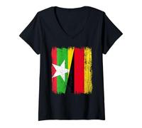 Femme Demi-Drapeau de l'Allemagne du Myanmar - Patrimoine Allemand Birman T-Shirt avec Col en V