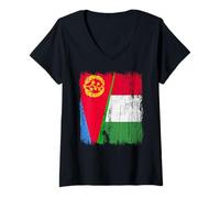 Femme Demi-drapeau de l'Érythrée Italie Fière de la fierté italienne de l'Érythrée T-Shirt avec Col en V