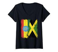 Femme Demi-Drapeau de l'Éthiopie Jamaïque Patrimoine éthiopien jamaïcain T-Shirt avec Col en V