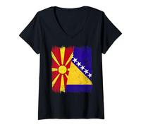 Femme Demi Drapeau de Macédoine du Nord Bosnie-Herzégovine T-Shirt avec Col en V