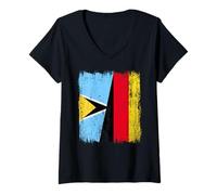 Femme Demi Drapeau de Sainte-Lucie Allemagne T-Shirt avec Col en V