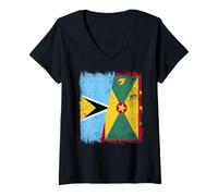Femme Demi-Drapeau de Sainte-Lucie Grenade Patrimoine des Grenades de Sainte-Lucie T-Shirt avec Col en V
