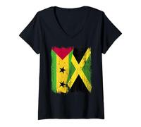 Femme Demi Drapeau de Sao Tomé-et-Principe Jamaïque T-Shirt avec Col en V