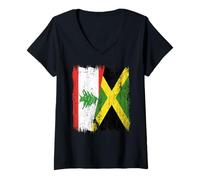 Femme Demi-Drapeau du Liban Jamaïque Patrimoine jamaïcain libanais T-Shirt avec Col en V